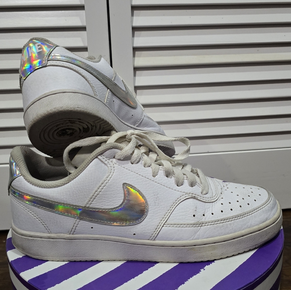 Women's Nike Air Force Ones White With Holographic Swoosh, Size 9.5